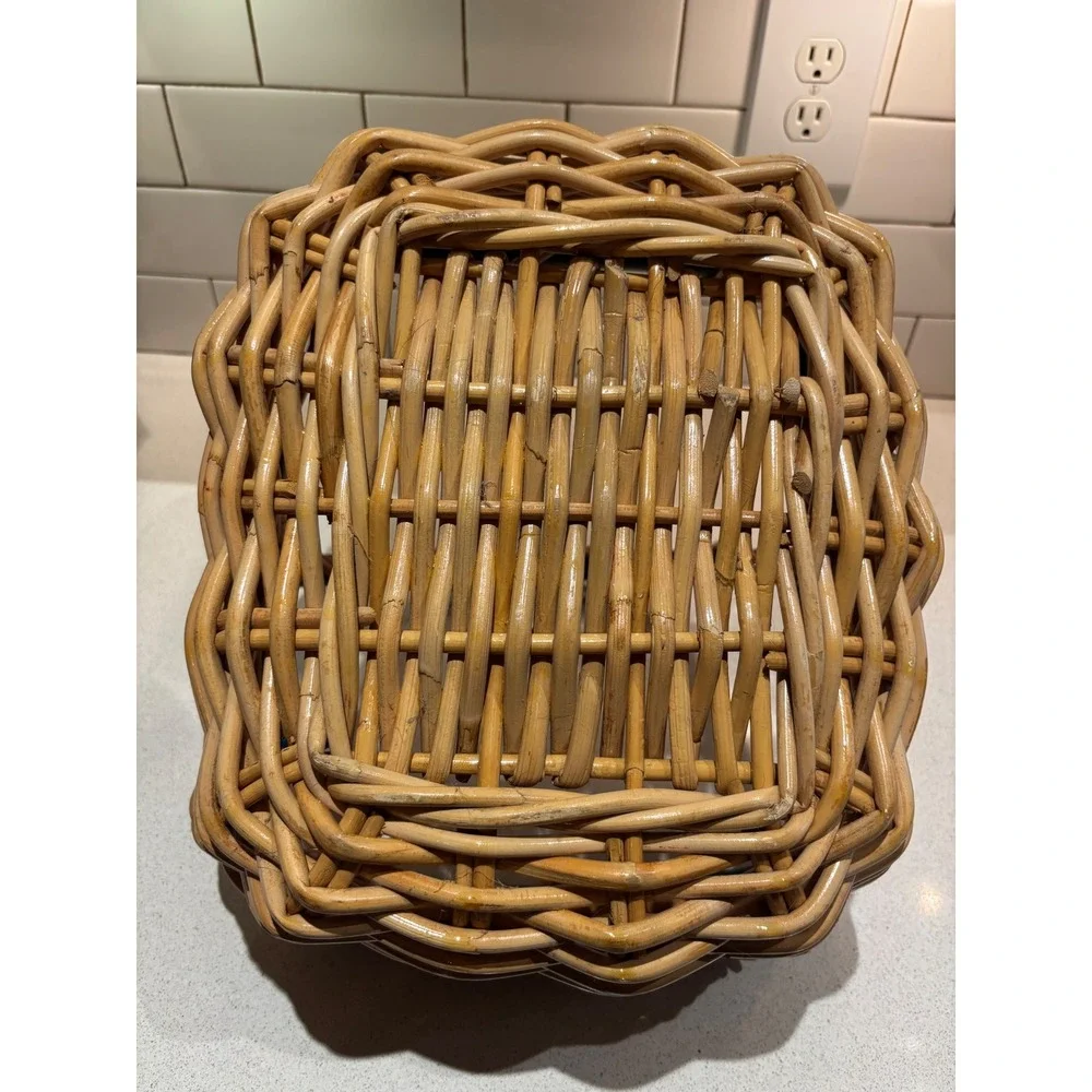 Vintage Woven Wicker Picnic Basket Two-Tone Green Handle Rectangular Farmhouse